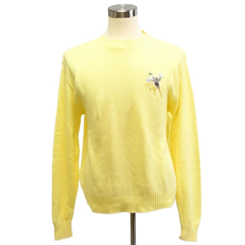 80s Vintage Yellow Cotton Sweater Mens XL Pheasant Embroidered Outdoorsy Hunter